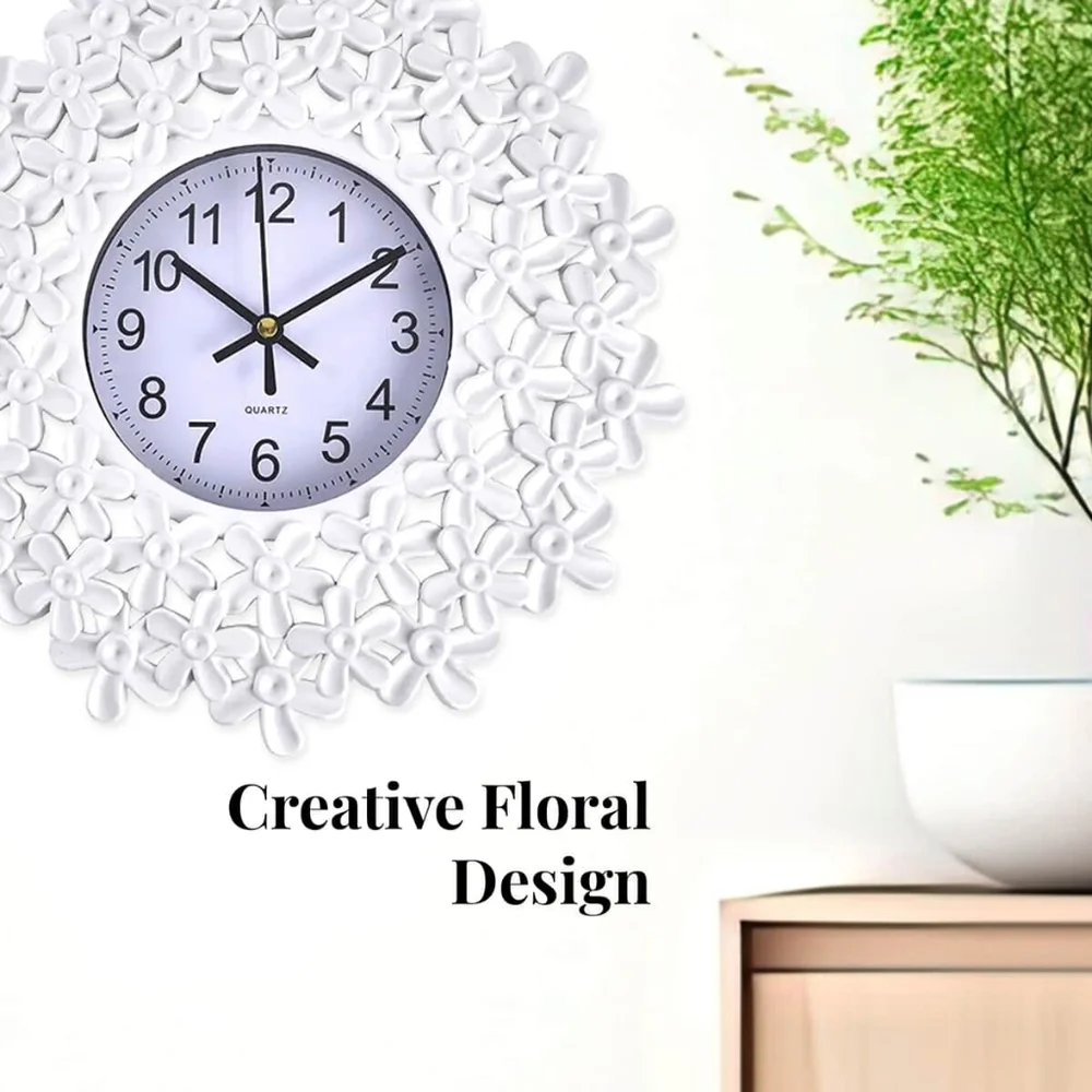 White Embossed Floral Design Clock Battery Operated - NWOB